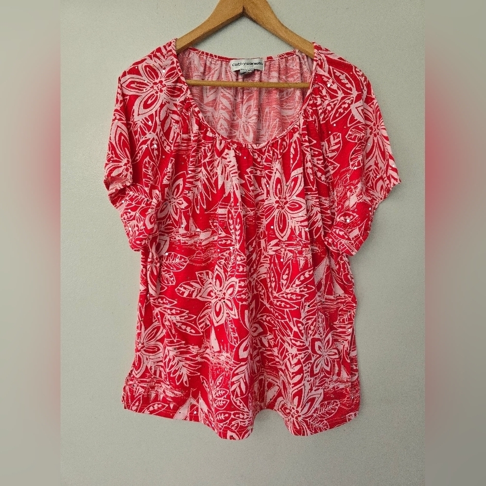 CATHY DANIELS Women's Blouse Floral Red Bling Shirt Size 3X Easter